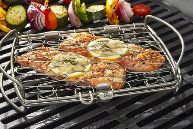 grill parts: Fish/Veggie Basket - Stainless Steel - (11in. x 8in. x 2-1/4in.)